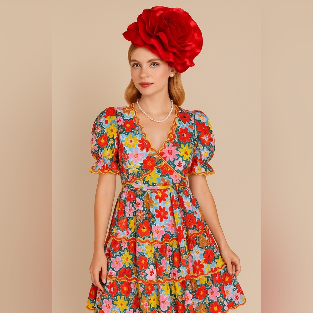 New Kentucky Derby Hat Elegant Red Floral Red Rose Flower Fascinator Ascot Hat